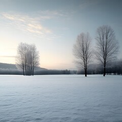 Frosty dawn landscape, snow-covered field, trees, sunrise, winter serenity, nature photography