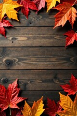 Obraz premium Rustic wood backdrop, autumn leaves border, fall decor , pumpkins, acorns