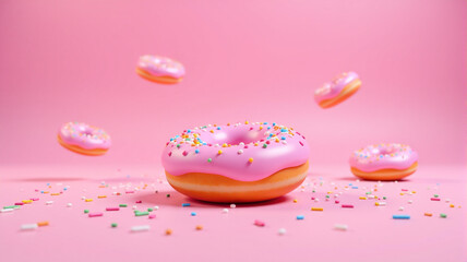 Flying pink donuts with sprinkles on a pink background.  Perfect for food blogs and websites.