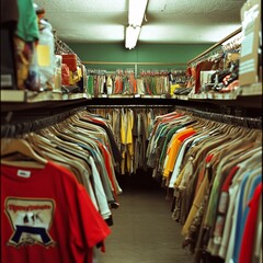 Clothing racks overflowing with colorful secondhand apparel