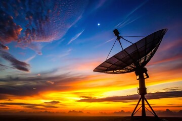 Sunset Silhouette: Satellite Dish & Antenna - Minimalist Communication Technology