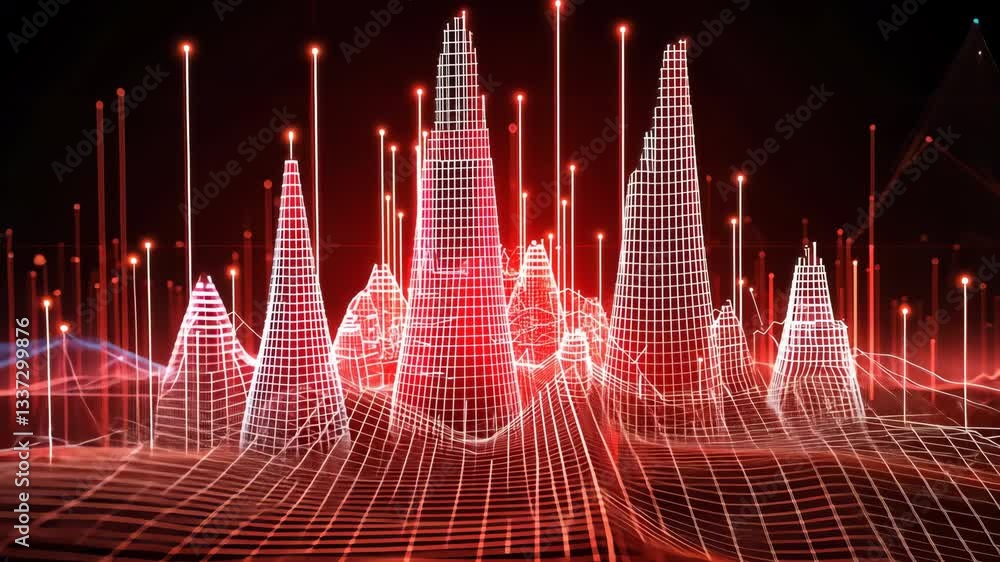 Poster futuristic digital landscape with red wireframe peaks and glowing points technological atmosphere of