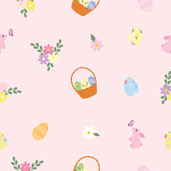 Easter  pattern with colourful eggs, bascet,bunnies and flowers. Seamless pattern.Easter pink background with decorative eggs, bunnies and flowers. Seamless texture.