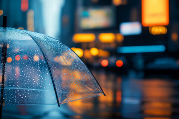 Rainy Night in the City Transparent Umbrella and Street Reflections