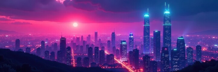 Fototapeta premium Neon-lit towers, vibrant gradient hues, futuristic cityscape, bright, view, energy