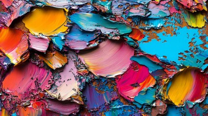 The palette of a skilled artist, showing signs of heavy use, contains a diverse range of vibrant hues and a resting brush