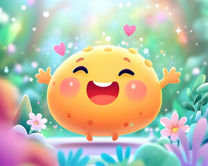 Joyful orange creature floats amidst blooming flowers and sparkling hearts