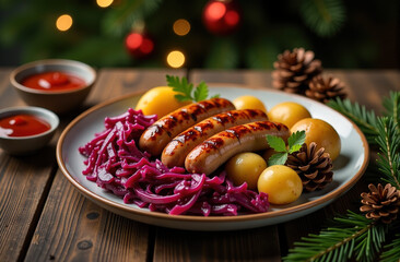 Closeup of a festive plate with grilled sausages, boiled potatoes, and red cabbage. Perfect for Christmas or winter holiday themes.