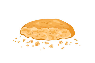 Crunchy biscuit and crumbs isolated on white background. Vector cartoon flat illustration of cookie piece.