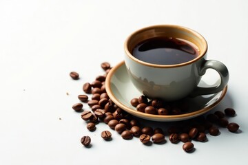 Fototapeta premium Rustic coffee cup, scattered grains; minimalist white backdrop, closeup, detail, white background