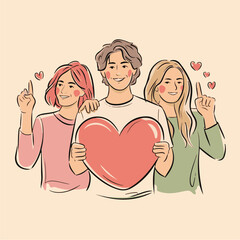 happy couple with heart love, heart, couple, valentine, vector, illustration, cartoon, boy, wedding, card, romance, day, pink, family, people, woman, art, baby, drawing, bride, happiness, romantic, tw