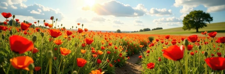Obraz premium Sun-drenched poppy and bellflower expanse, gentle trail, picturesque, idyllic