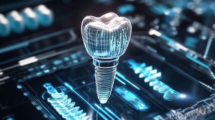 3D rendering of a dental implant surrounded by a digital interface, tele dentistry concept, futuristic medical technology