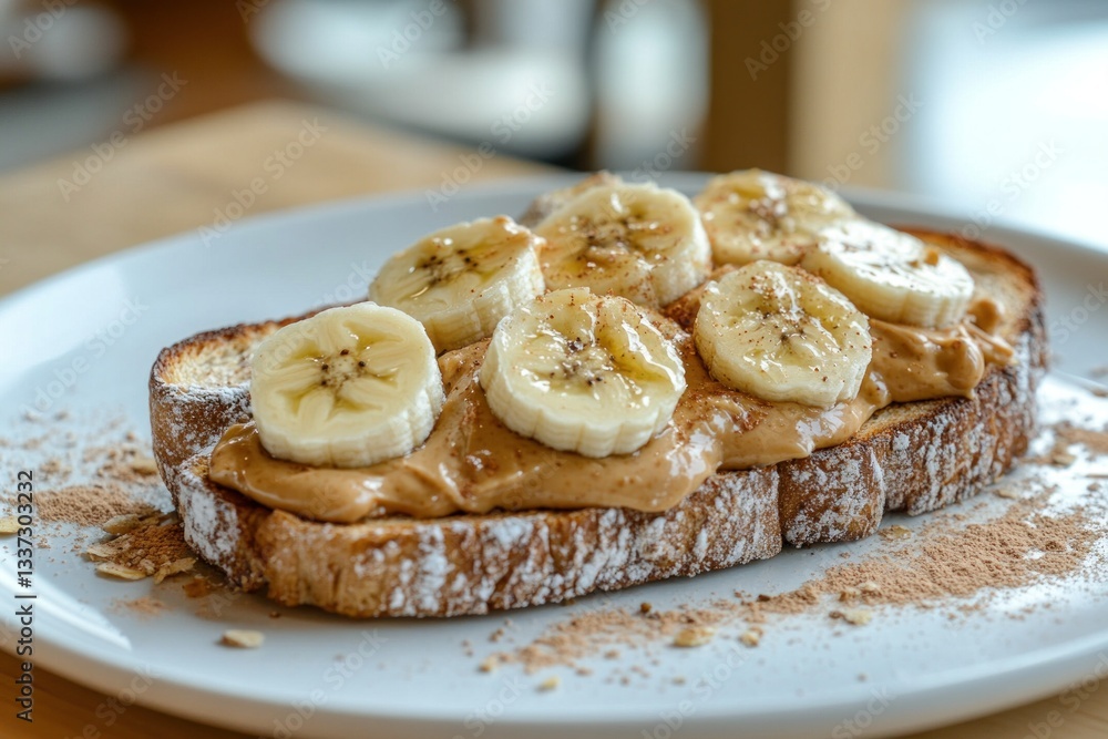 Poster peanut butter spread generously across toasted whole grain bread topped with fresh banana slices, cr
