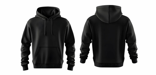 A blank black hoodie displayed in both front and back views, isolated on a white background, perfect for graphic design presentations. 40k, , high resolution