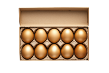 A carton holds ten shiny golden eggs, showcasing smooth surfaces and one speckled egg, perfect for festive occasions or displays