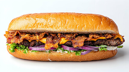 Juicy steak sub with crispy bacon, melted cheese, red onions, and lettuce