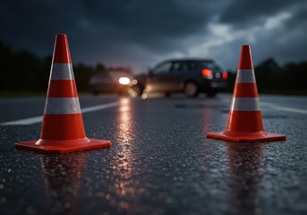 Conceptual image of accident prevention with two cones on a wet road highlighting an accident in the background