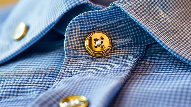Close-up of a stylish shirt collar showcasing a shiny button and textured fabric