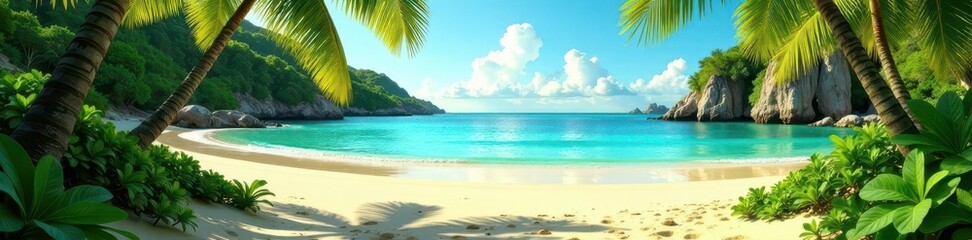 Fototapeta premium Golden sand, turquoise water, lush vegetation, tropical, summer, paradise