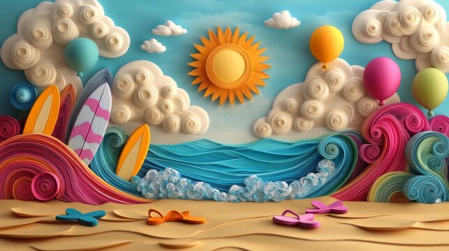 A beautiful beach landscape made entirely from paper art highlights waves, sunny weather, and popular summer items like sunglasses and flip-flops