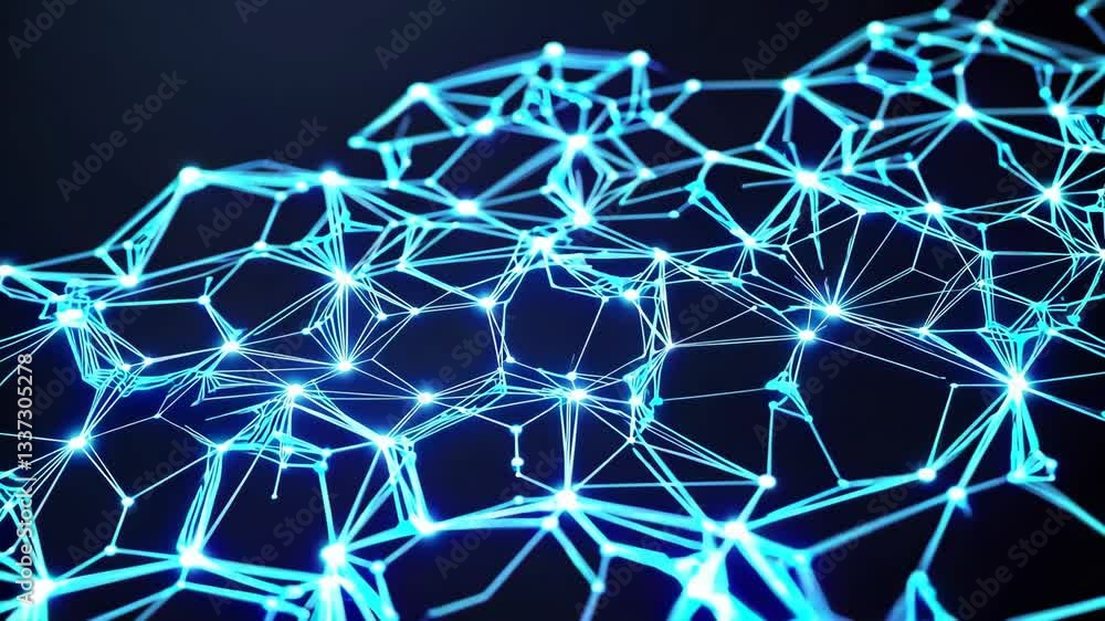 Poster visualizing the connections in a digital network made of vibrant blue lines and nodes