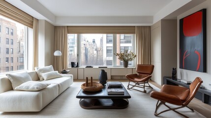 Modern urban living room with contemporary art and minimalist furniture