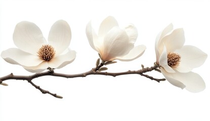 Delicate magnolia blossoms on a branch.  Three pristine white magnolia flowers gracefully adorn a light brown branch.  Soft, muted tones create a serene and tranquil image