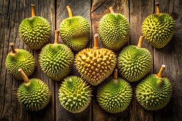 Fototapeta premium Thailand Durian King Fruit Aerial Wooden Background Stock Photo