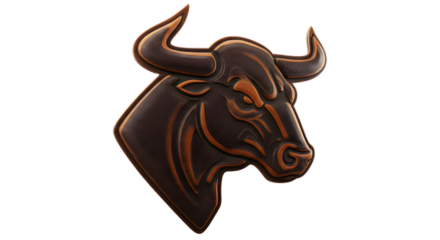 Detailed, three dimensional, shiny, brown bull head, isolated on black background