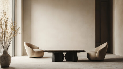 A contemporary artistic interior with an abstract geometric table, plush seating, and minimalist dÃ©cor