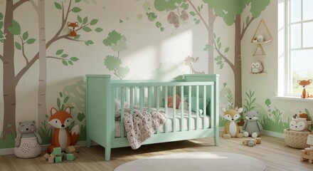 Peaceful Forest Nursery Crib - Adorable baby crib in a serene forest-themed nursery, complete with woodland animal toys and a calming pastel color palette