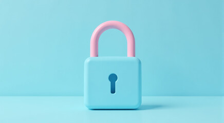 Pastel blue and pink padlock on light blue background.  Security, safety, and privacy concept.