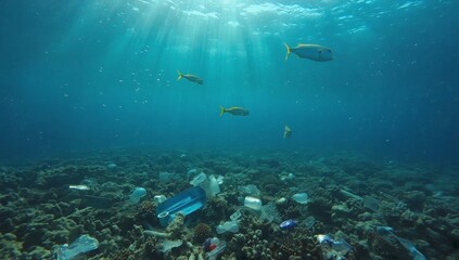 A beautiful underwater scene with colorful fish swimming above a coral reef, polluted by plastic waste. Sunlight beams through the ocean, the contrast between marine beauty and environmental damage.