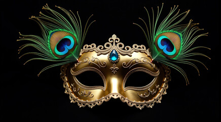 Close-up of an ornate gold Venetian mask adorned with peacock feathers against a black background. Perfect for masquerade, carnival, or fashion designs.