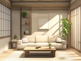 Fototapeta premium A modern living room with minimalist furniture and sunlight