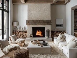Fototapeta premium A warm cozy living room with a fireplace and comfortable furniture