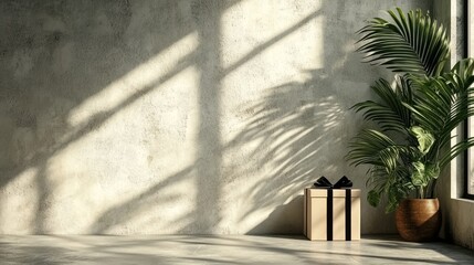 Kraft gift box complete with tropical leaves and a black ribbon accent