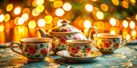 Fototapeta premium Top Down View of Elegant Tea Set on White Patterned Tablecloth - Bokeh Effect