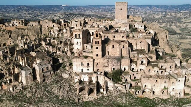 Drone footage of the ancient abandoned city of Craco in Basilicata, Italy. 4K panoramic views of the historic ruins and dramatic landscape, a must-see tourist destination.