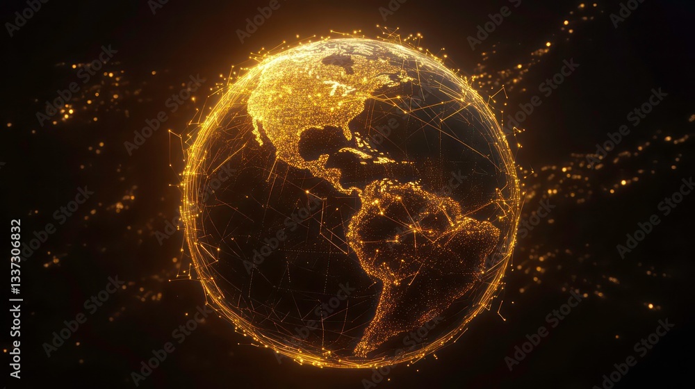 Poster a glowing representation of earth, interconnected by digital lines and points, symbolizing global co