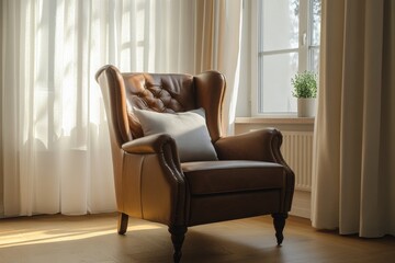 Elegant leather armchair bathed in sunlight