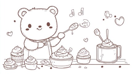 Cute bear baking cupcakes