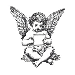 Engraving illustration of an adorable cherub sitting with an empty banner. Black and white