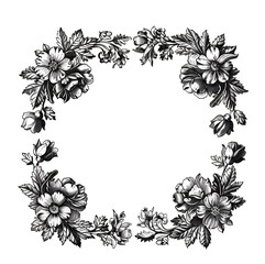Illustration of a floral square wreath. Engraving style