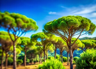 Obraz premium Tuscan Summer: Miniature Maritime Pine Trees against Azure Sky - Tilt-Shift Photography