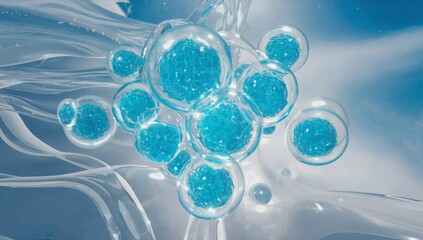 A cluster of glowing blue molecules suspended in a fluid environment creates a futuristic and scientific visualization. Abstract represents nanotechnology, biology, cells, and molecular structures.