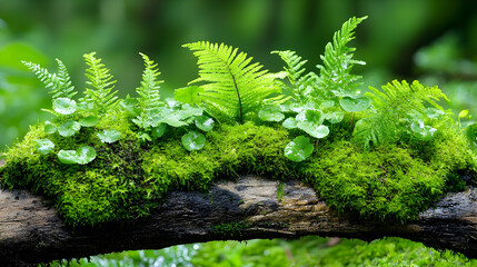 Lush green ferns and moss thriving on a fallen log in a forest