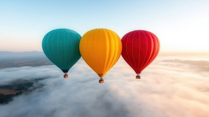 Fototapeta premium A trio of colorful hot air balloons gracefully floats above a sea of clouds, creating a stunning aerial view that evokes a sense of freedom and joy against a vibrant backdrop.