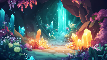 Fototapeta premium Discover a mesmerizing crystal cave with shimmering walls, inviting explorers to uncover hidden realms in a magical, glowing fantasy landscape. Hidden Realms. Illustration